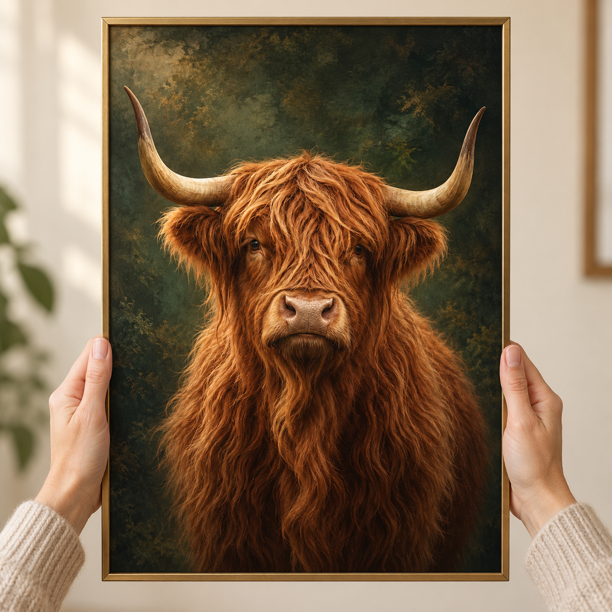 Close-up of Highland Cow β Wild & Timeless art print held in a frame
