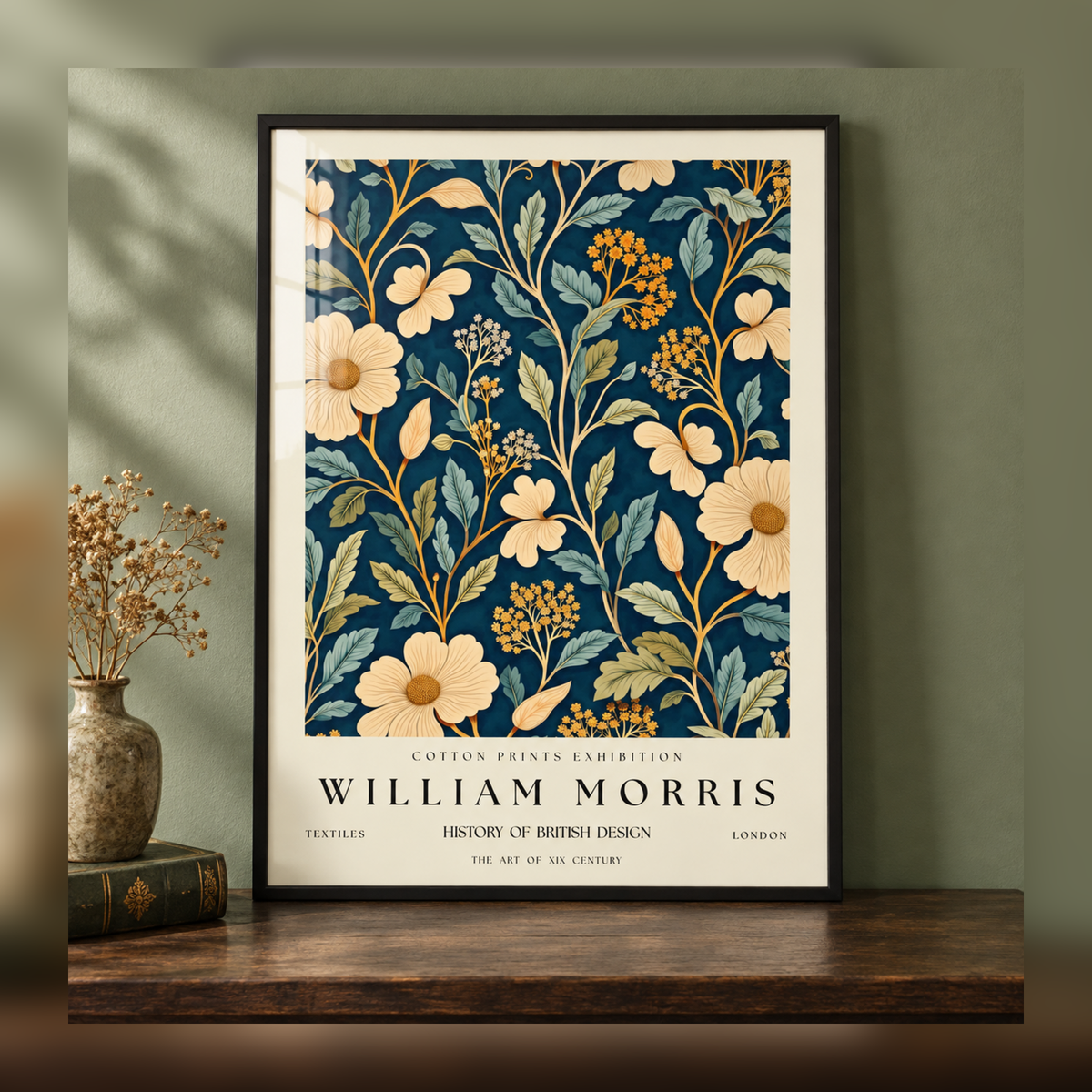 William Morris Golden Wildflowers Blue Art Print in black frame, fully visible square-safe mockup