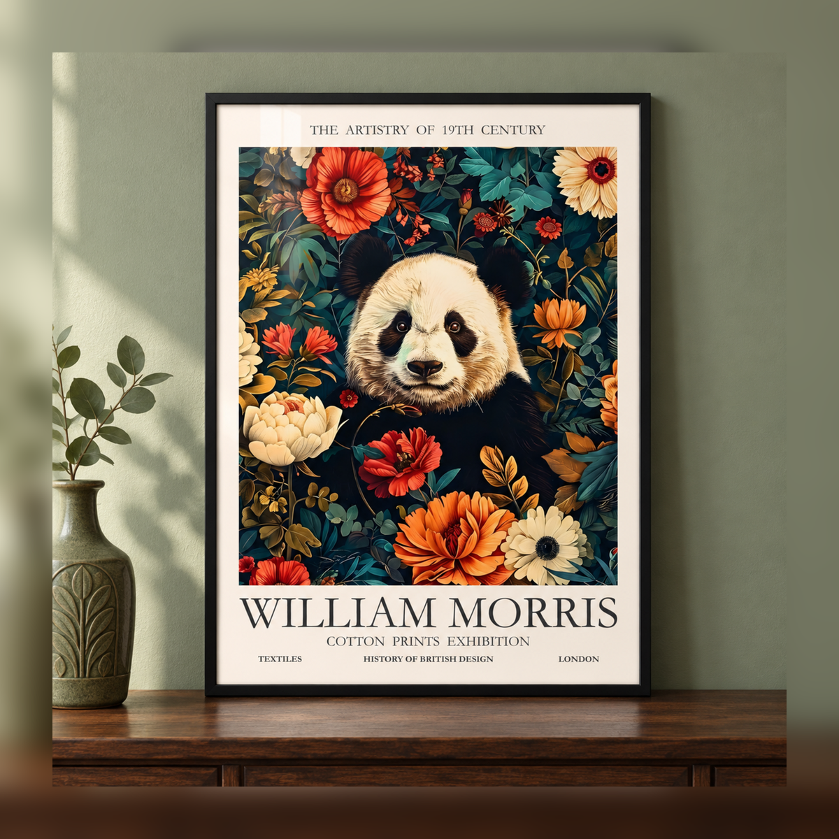 William Morris Panda Among Autumn Flowers Art Print in black frame, fully visible square-safe mockup