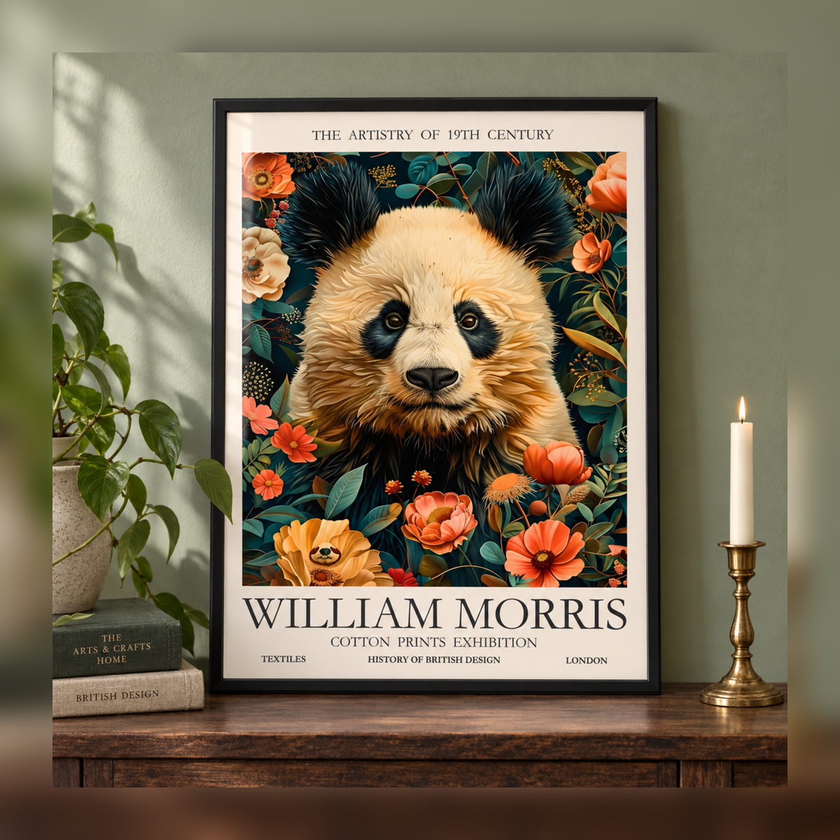 William Morris Panda in the Flower Garden Art Print in black frame, fully visible square-safe mockup