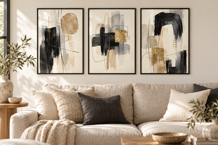 Three black cream and gold abstract prints in black frames above a sofa