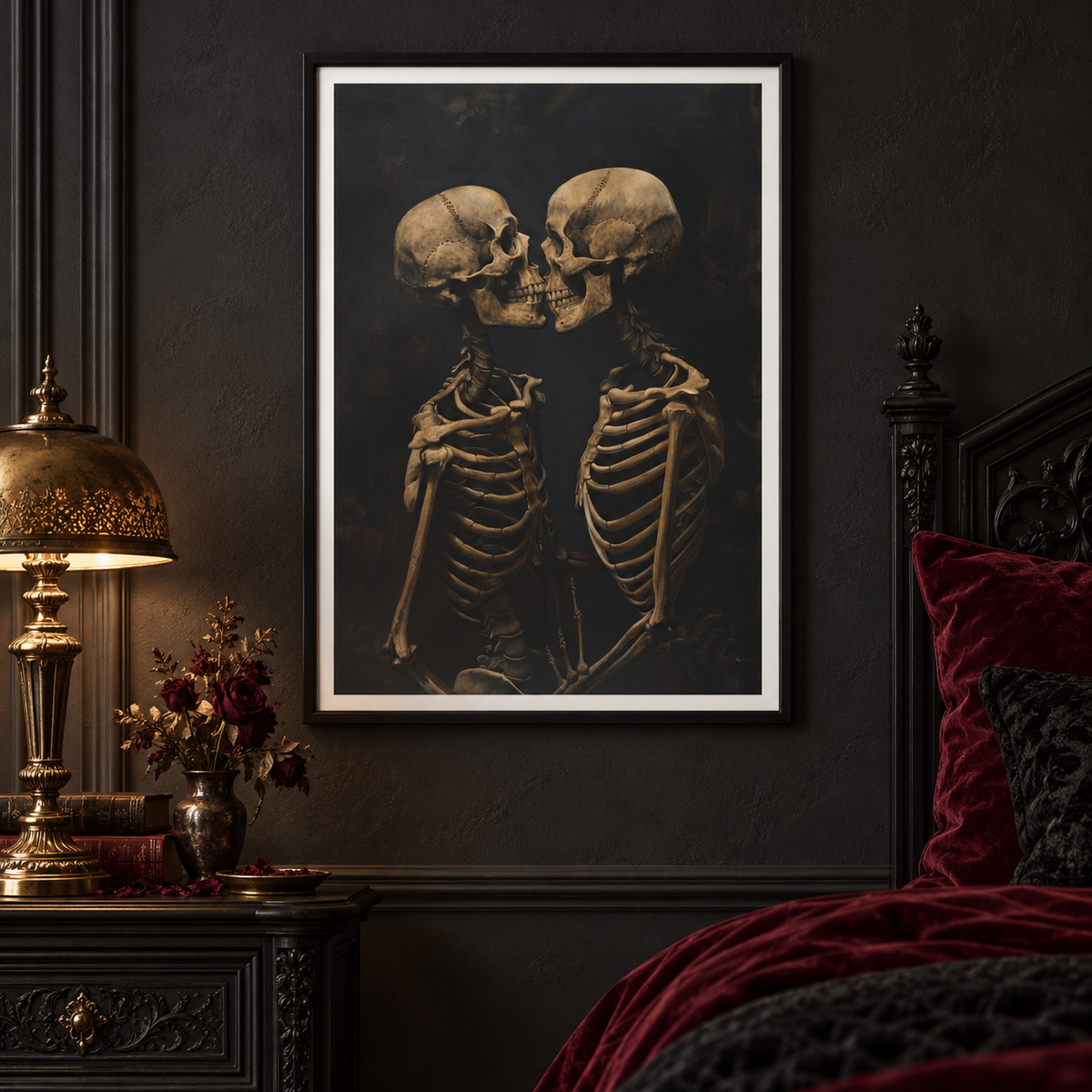 Eternal Kiss framed print in a romantic gothic bedroom
