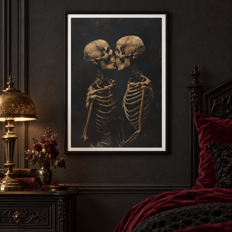 Eternal Kiss framed print in a romantic gothic bedroom
