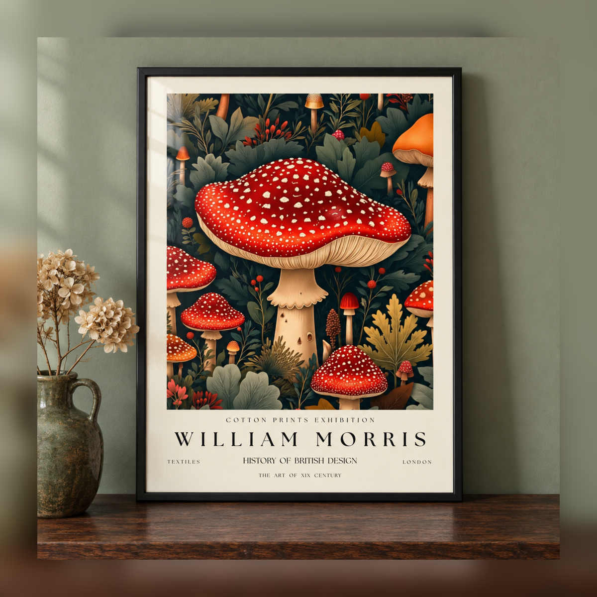 William Morris Midnight Toadstool Garden Art Print in black frame, fully visible square-safe mockup