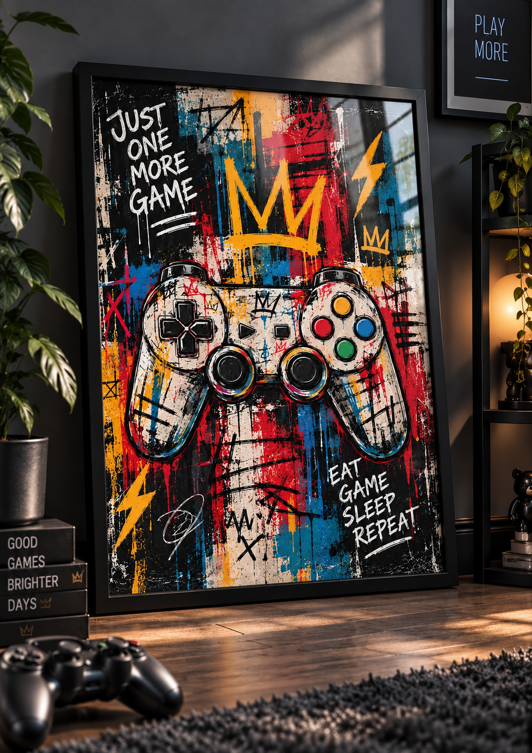 Gaming wall art displayed in a black frame