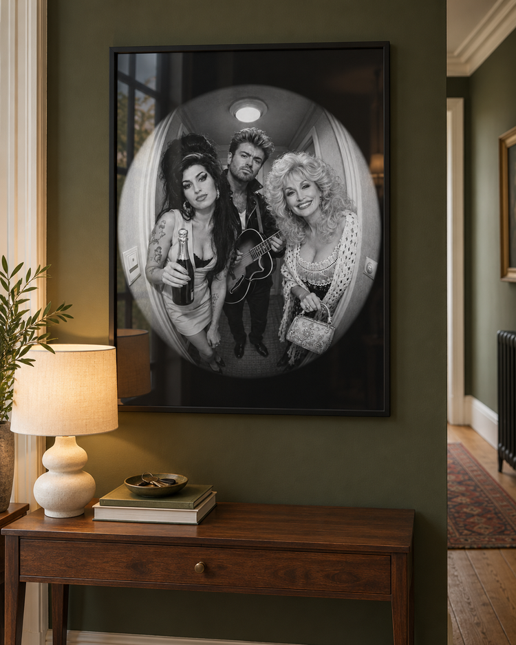 George Michael, Amy Winehouse and Dolly Parton peephole print in a black frame in an olive green hallway