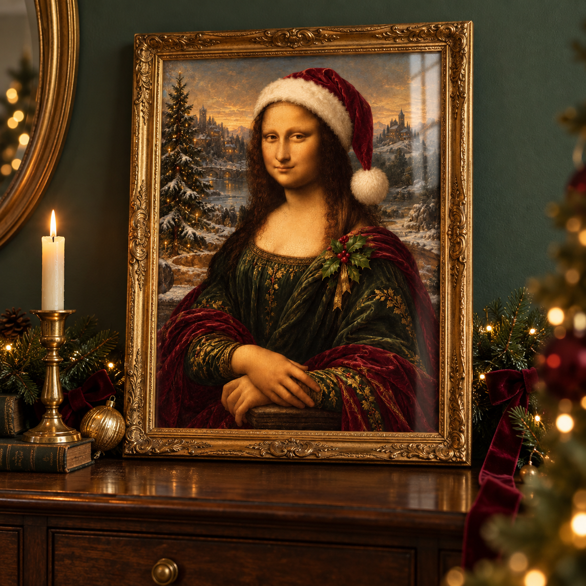Mona Merry Christmas print in an ornate gold frame in a festive home