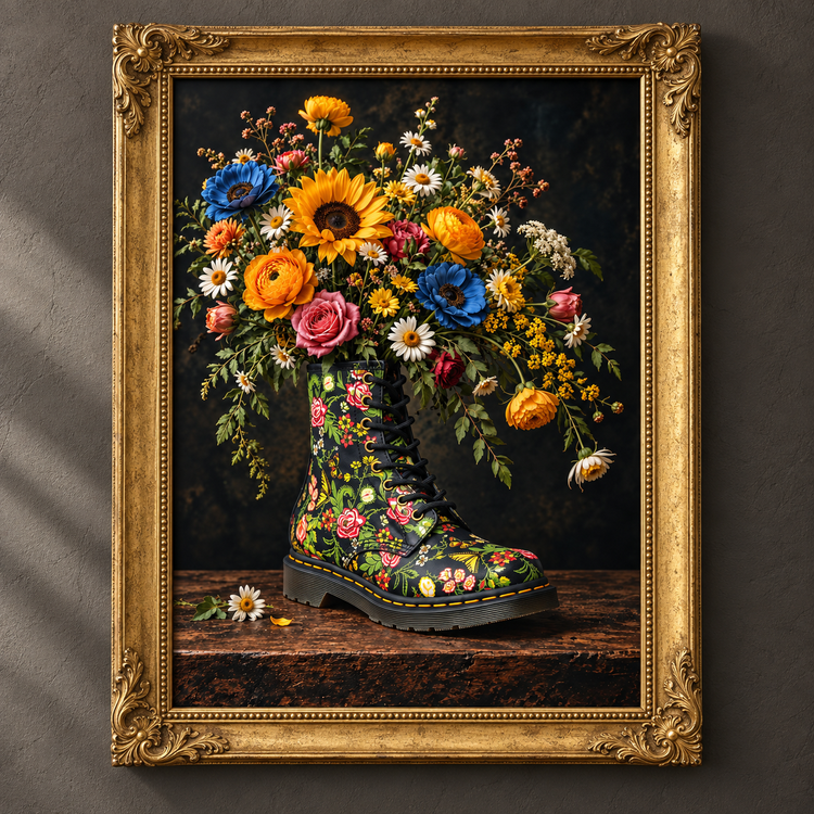 Unexpected Blooms botanical boot art in an ornate vintage gold frame