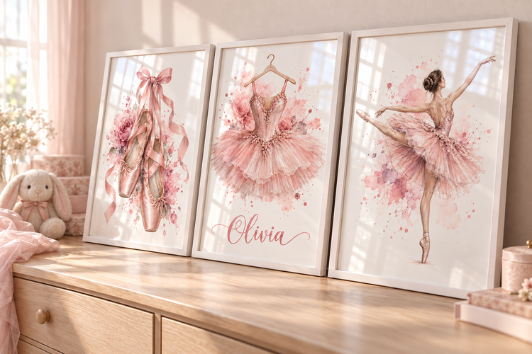Ballet shoes, Olivia name tutu and ballerina prints styled in white frames. Prints supplied unframed.