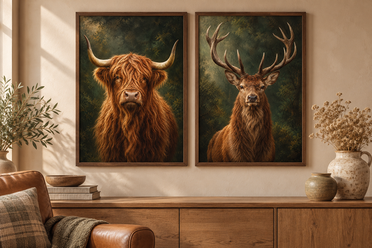 Highland Heritage – Highland Cow, Stag art prints framed side by side in a room