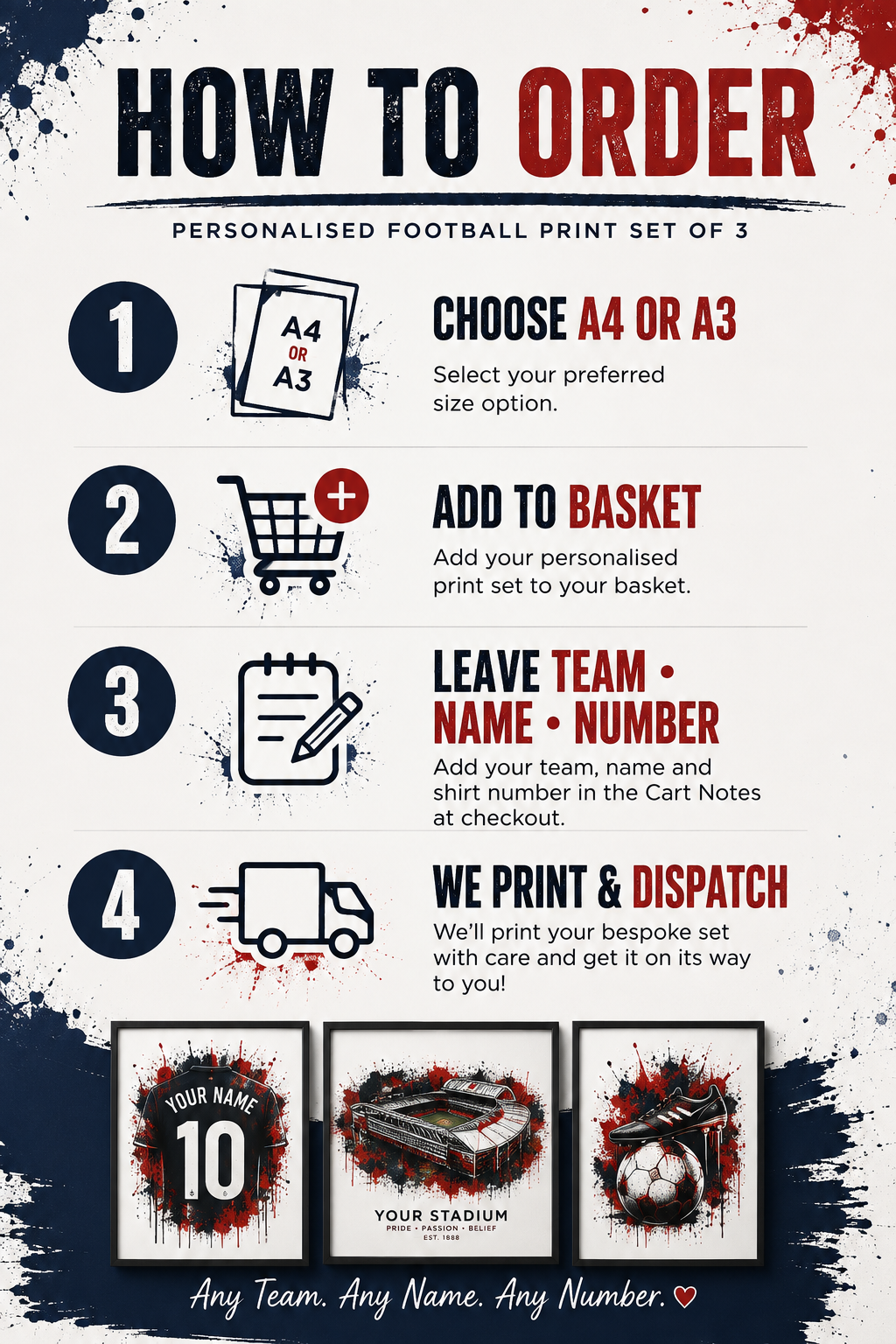 Personalised Football Print Set of 3 | Any Team | A4 & A3