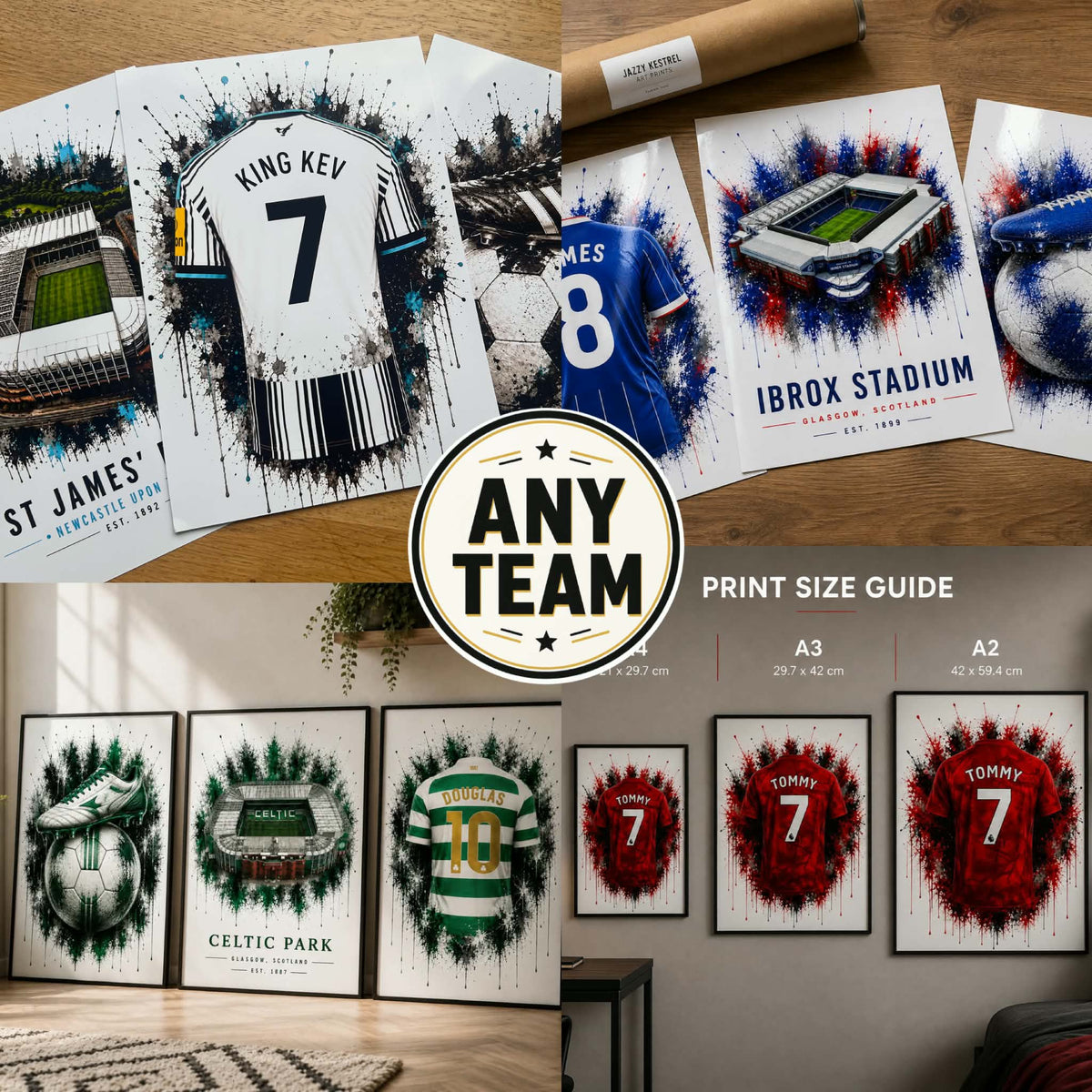 Personalised Football Prints | Set of 3 - Get 1 FREE | Any Team