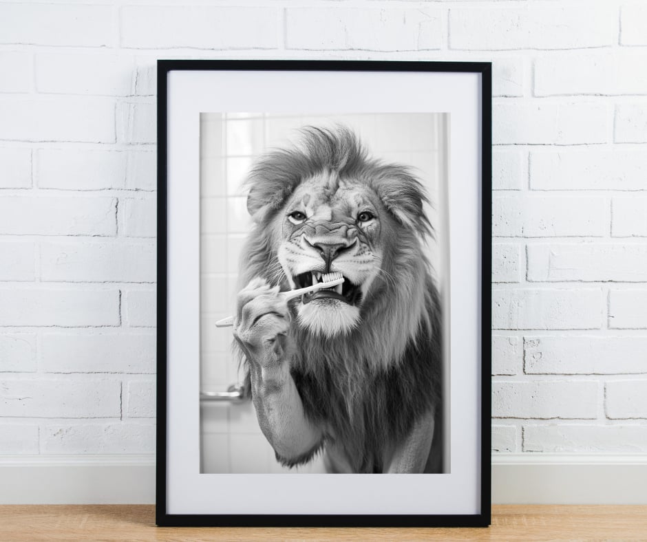 Animal bathroom print - Lion brushing teeth