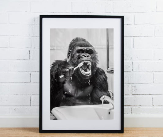 Animal bathroom print - Gorilla brushing Teeth