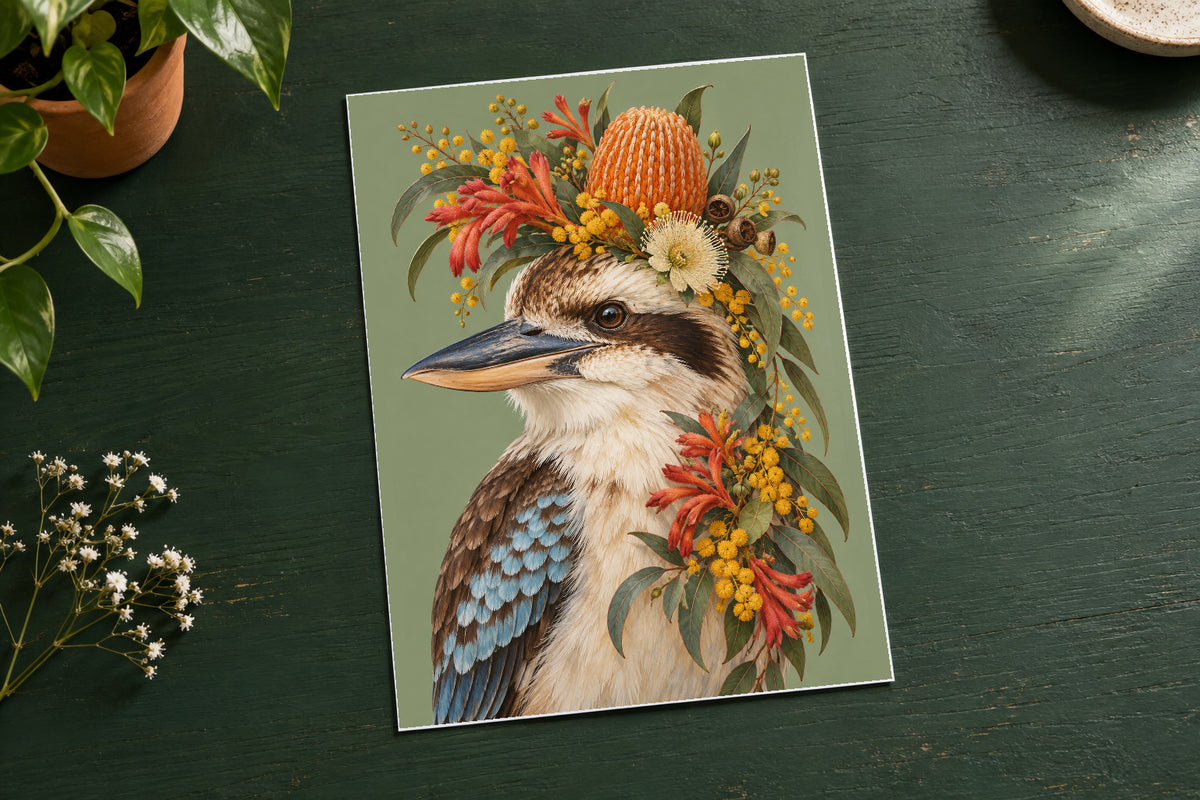 Bushland Betty Kookaburra Floral Bird Print unframed on glossy photo card