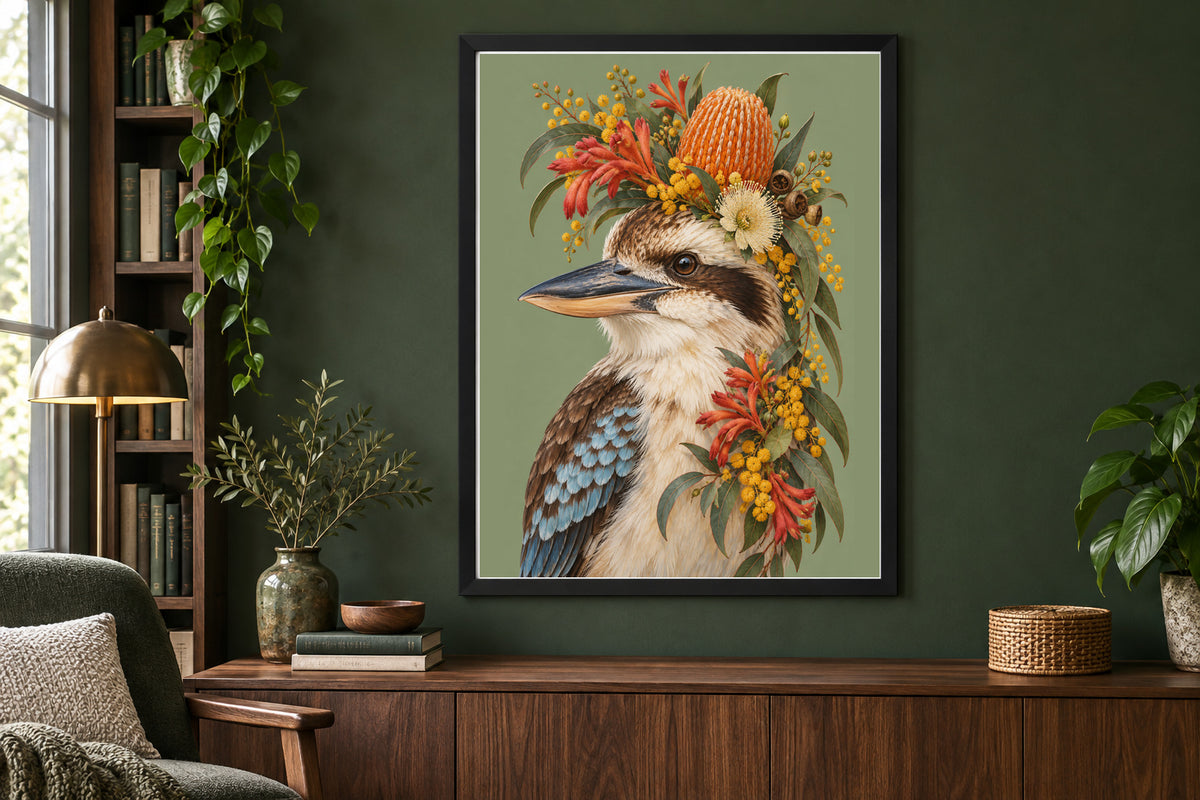 Bushland Betty Kookaburra Floral Bird Print shown in a black frame on a dark coloured wall