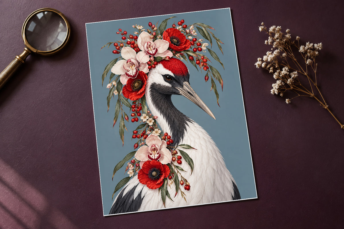 Crimson Court Crane Floral Bird Print unframed on glossy photo card