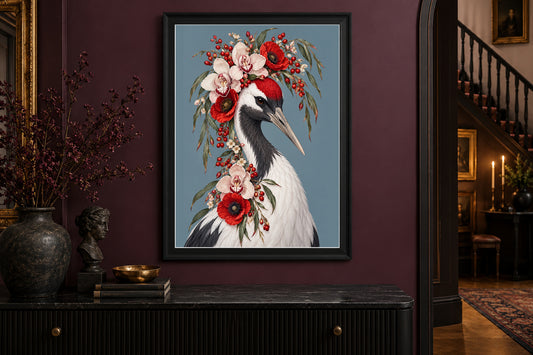 Crimson Court Crane Floral Bird Print — included in Birds in Bloom – Floral Bird Prints Set of 4