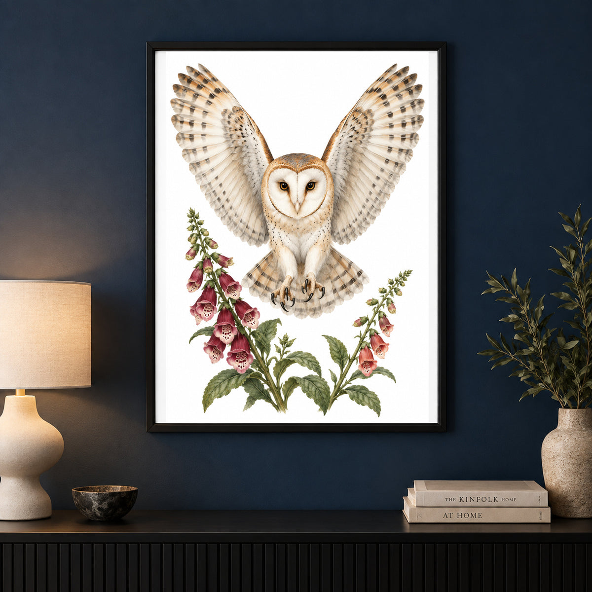 Foxglove Flight – Vintage Barn Owl Bird Print displayed in a black frame on a dark interior wall