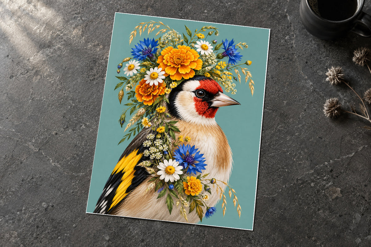 Golden Gossip Goldfinch Floral Bird Print unframed on glossy photo card