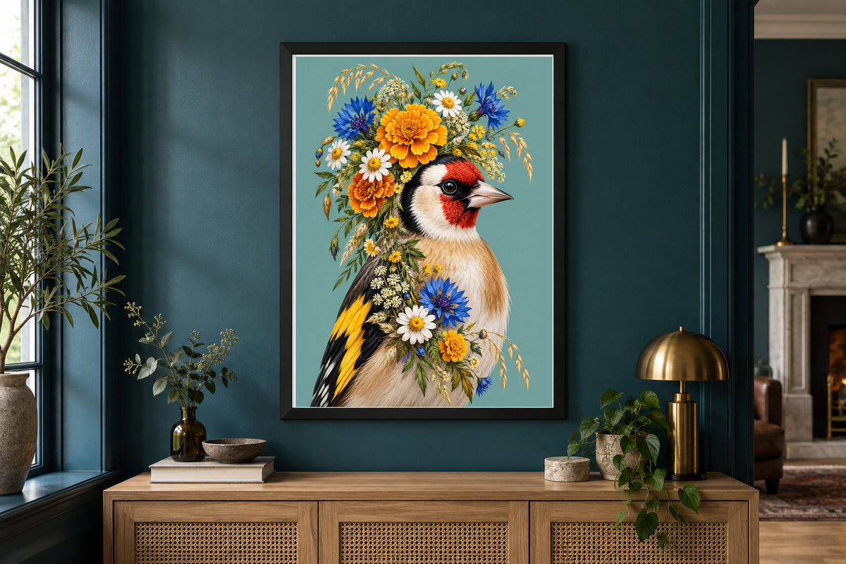 Golden Gossip Goldfinch Floral Bird Print — included in Birds in Bloom – Floral Bird Prints Set of 4