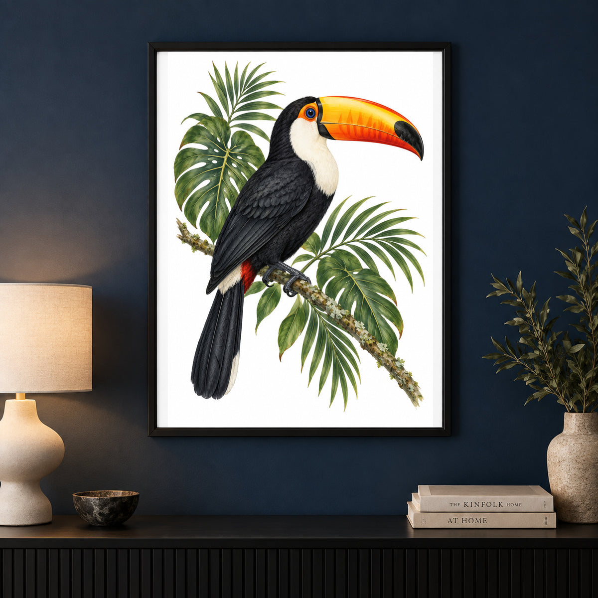 Midnight Mango – Vintage Toucan Bird Print displayed in a black frame on a dark interior wall