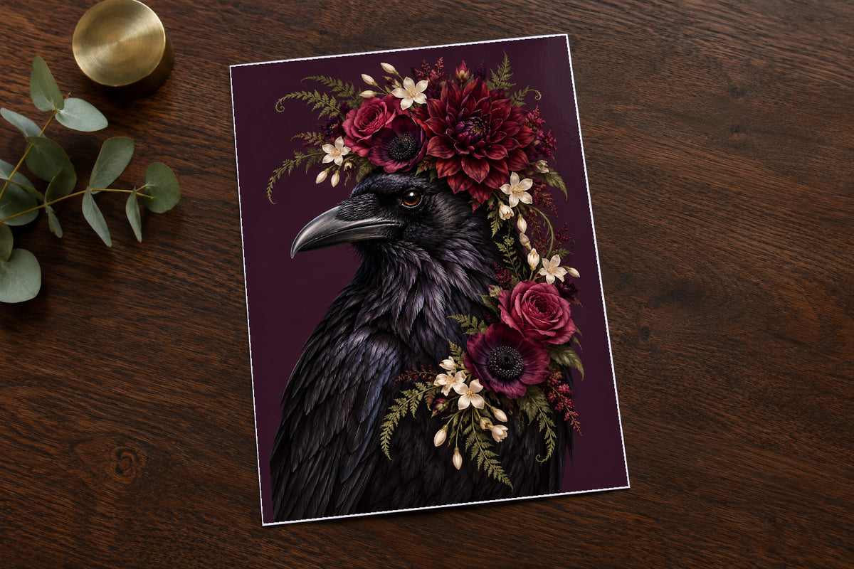 Midnight Bloom Raven Floral Bird Print unframed on glossy photo card