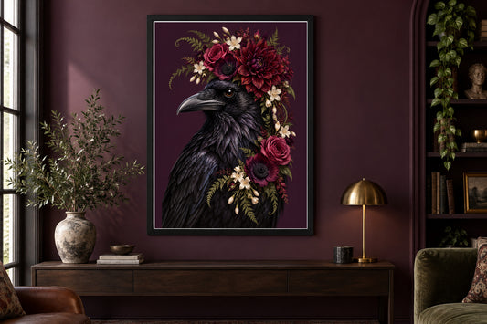 Midnight Bloom Raven Floral Bird Print — included in Birds in Bloom – Floral Bird Prints Set of 4