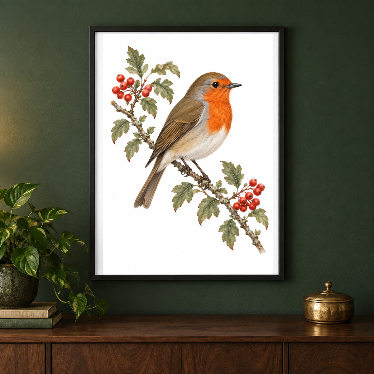 Red Letter Robin – Vintage Bird Print displayed in a black frame on a dark interior wall