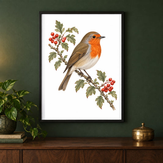 Red Letter Robin – Vintage Bird Print displayed in a black frame on a dark interior wall