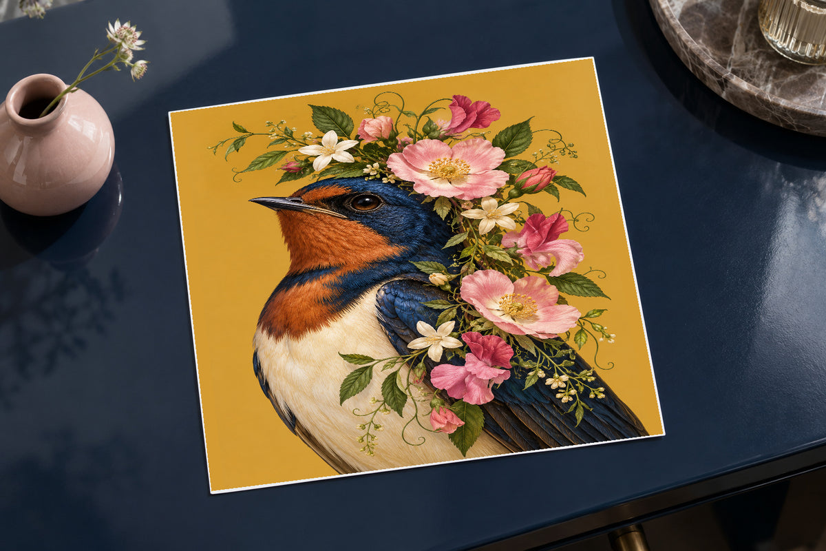 Rosewing Rebel Barn Swallow Floral Bird Print unframed on glossy photo card