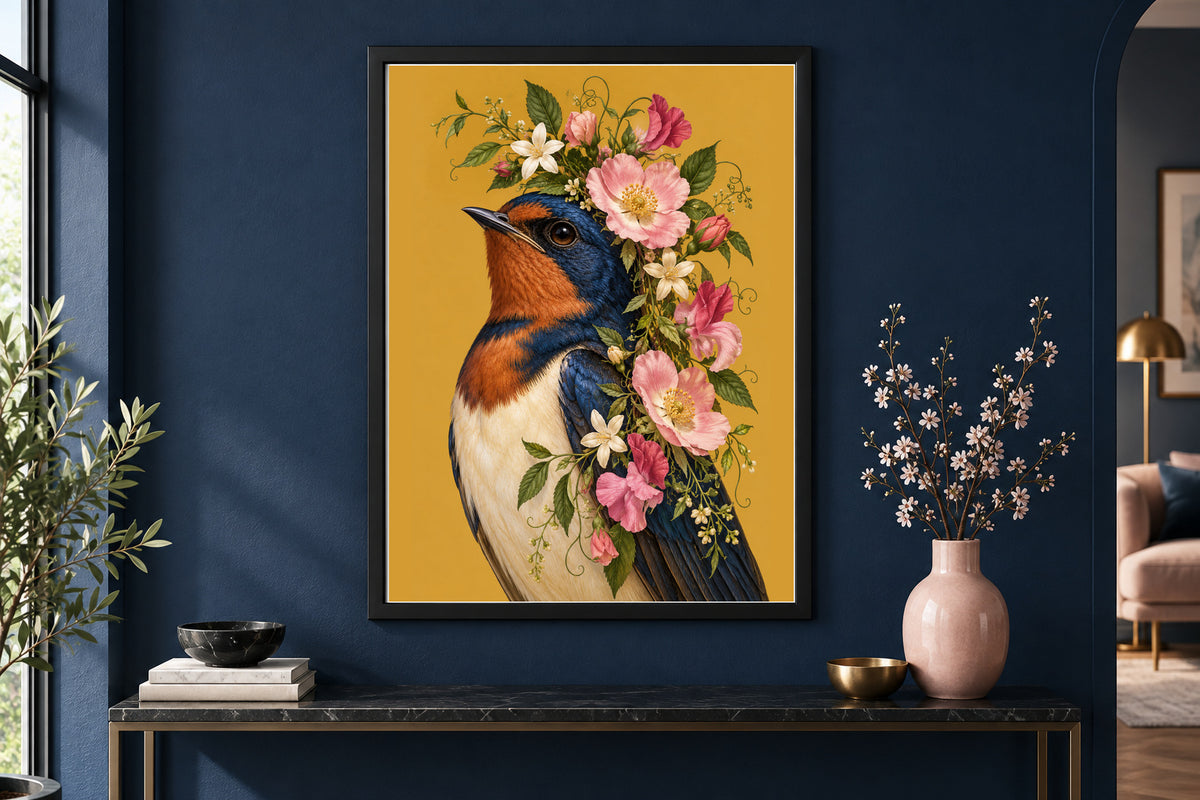 Rosewing Rebel Barn Swallow Floral Bird Print — included in Birds in Bloom – Floral Bird Prints Set of 4