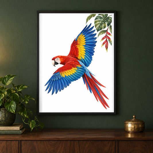 Scarlet Swoop – Vintage Macaw Bird Print displayed in a black frame on a dark interior wall