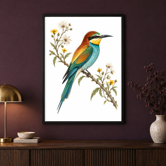 Sunlit Bee-Eater – Vintage Bird Print displayed in a black frame on a dark interior wall