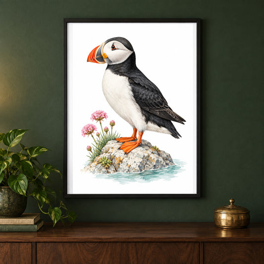 Tangerine Tuxedo – Vintage Puffin Bird Print displayed in a black frame on a dark interior wall