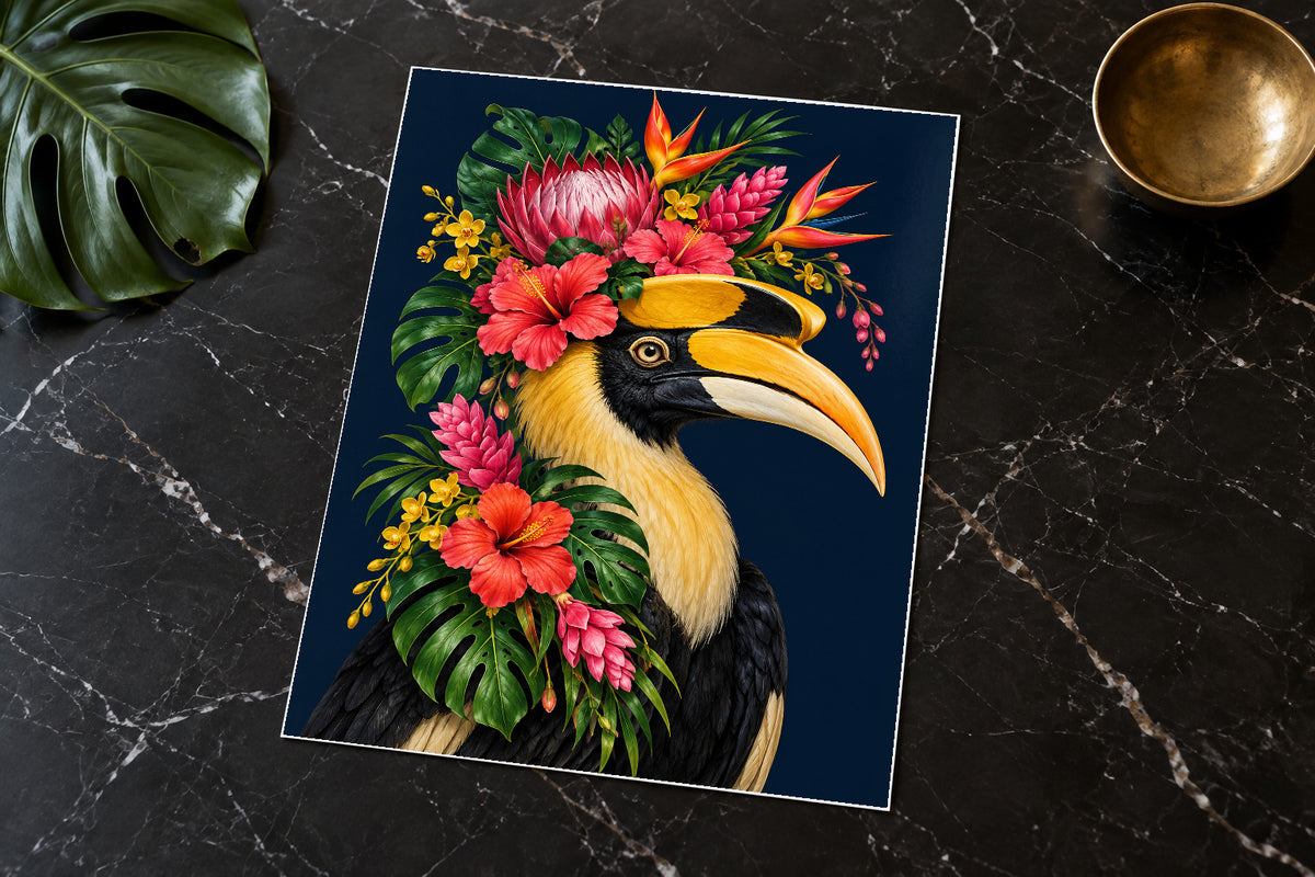 Tropic Thunder Hornbill Floral Bird Print unframed on glossy photo card
