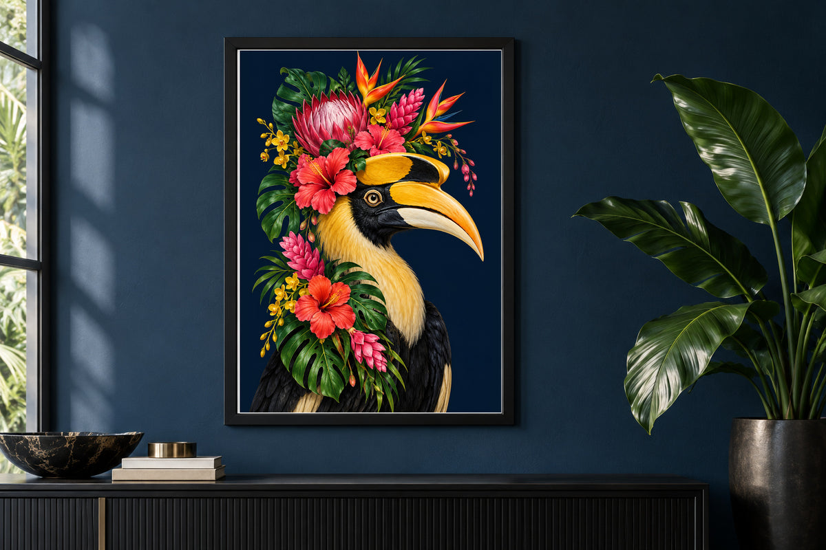 Tropic Thunder Hornbill Floral Bird Print shown in a black frame on a dark coloured wall