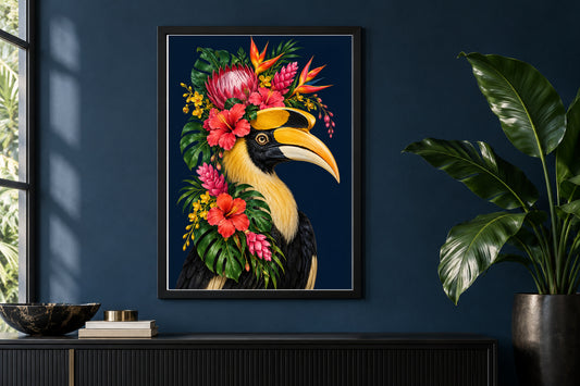 Tropic Thunder Hornbill Floral Bird Print shown in a black frame on a dark coloured wall