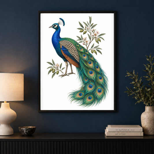 Velvet Crown – Vintage Peacock Bird Print displayed in a black frame on a dark interior wall