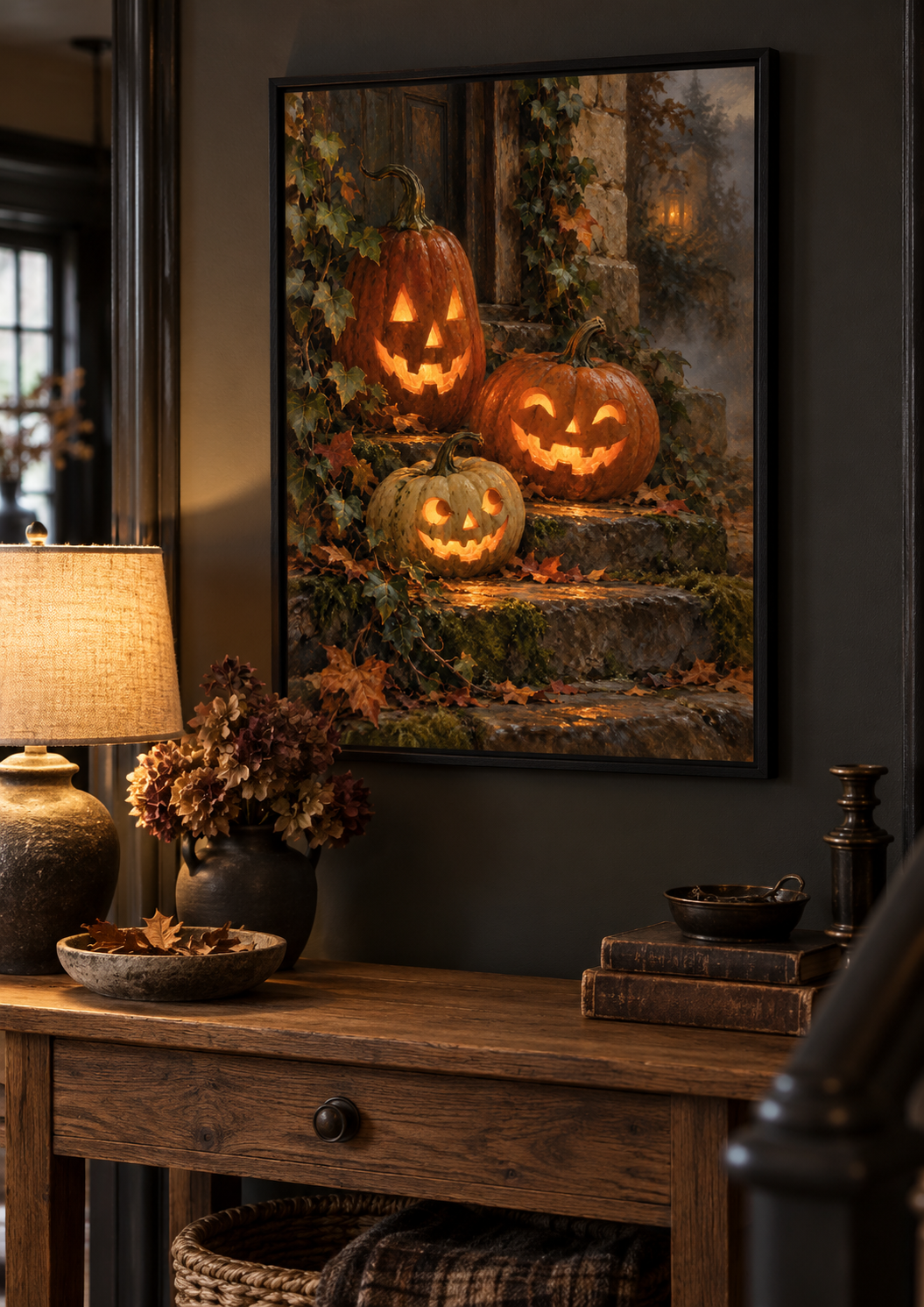 A Gathering of Lanterns print framed in a dark gothic home