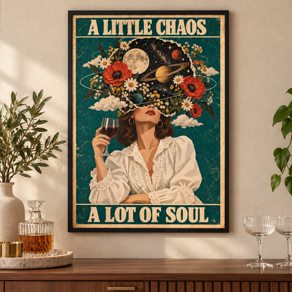 A Little Chaos A Lot of Soul art print in a black frame in a home