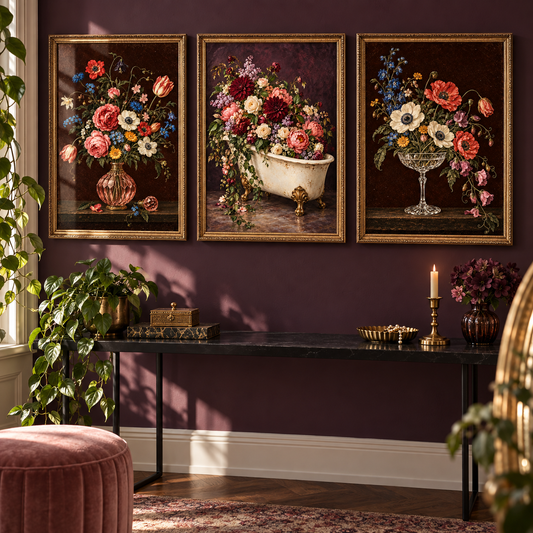 A Little Indulgence set of three: Floral perfume bottle, Soak in Bloom floral bath, Floral cocktail glass. Frames for styling only.