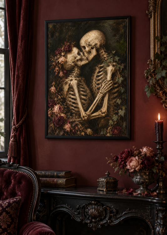 A Love Beyond Time print framed in a dark gothic home