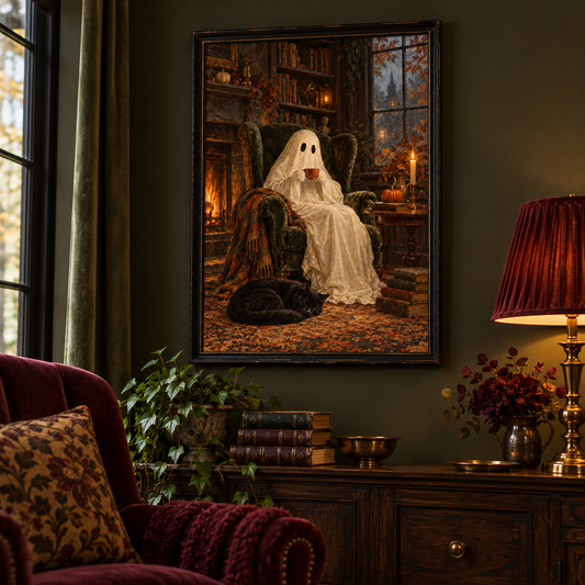 A Quiet Haunting print framed in a dark gothic home