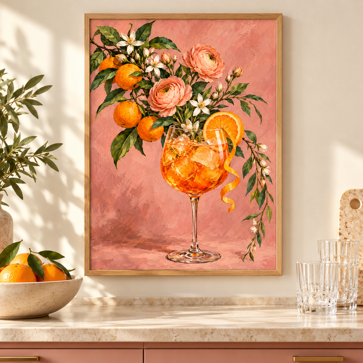 Aperol Spritz in Bloom Print displayed framed in a kitchen or bar