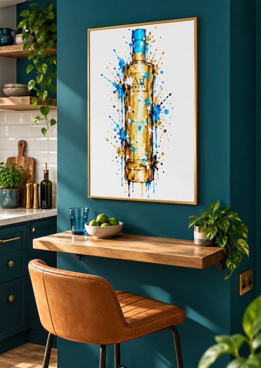 Au Blue Raspberry splatter print framed on a kitchen wall
