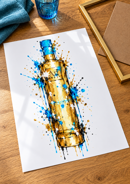 Au Blue Raspberry splatter print unframed on glossy photo card, ready to frame