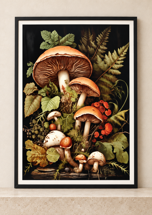 Autumn Mushroom Study art print in a slim black frame
