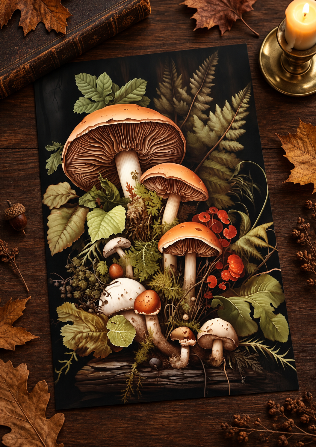 Borderless Autumn Mushroom Study art print laid on a dark wood surface