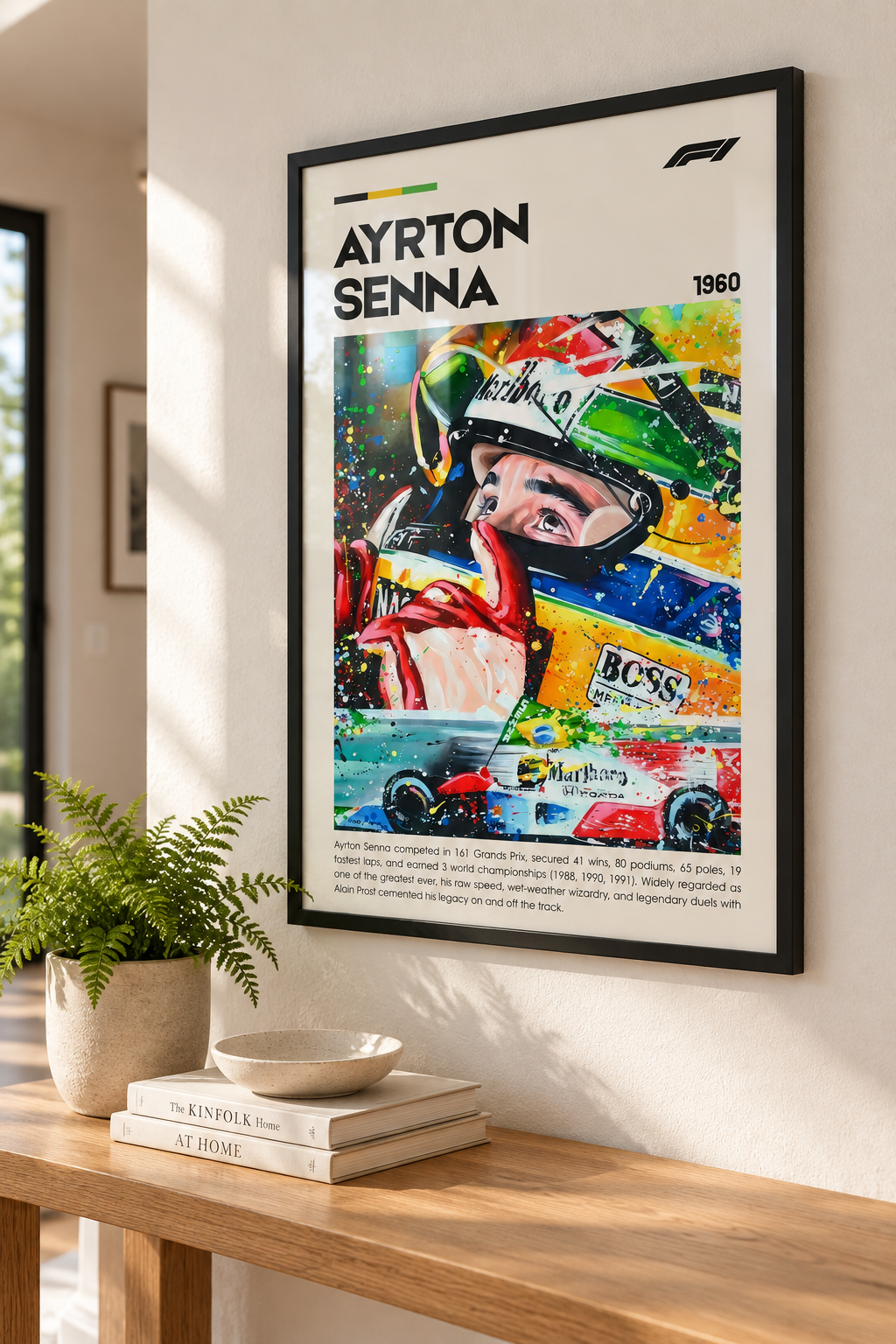 Ayrton Senna Motorsport Print displayed inside a black frame. Print supplied unframed.